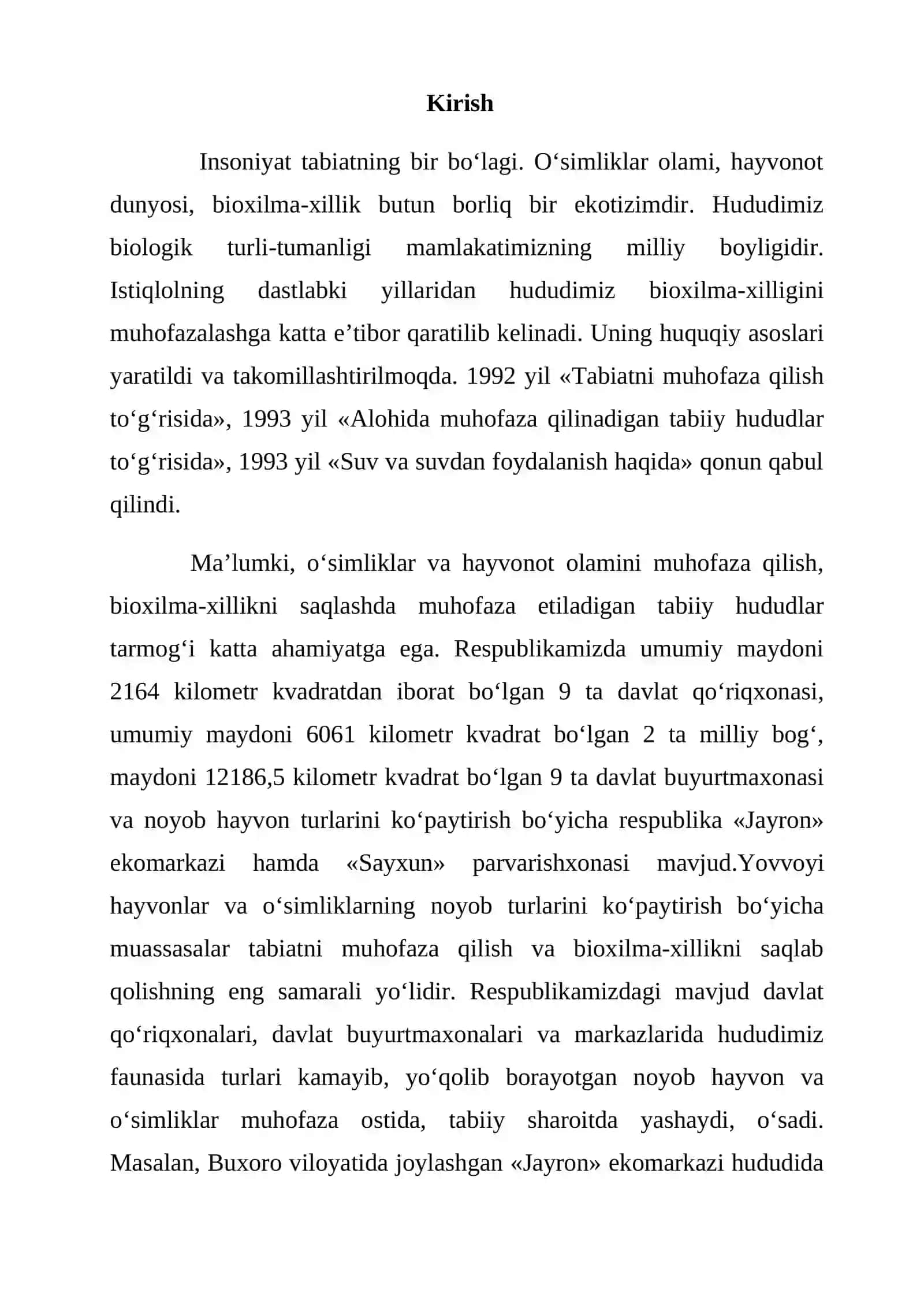 O‘zbekistonda tashkil qilingan qo‘riqxonalar va zakazniklar hamda ularda hayvonlarni muhofaza qilish muammolari 3