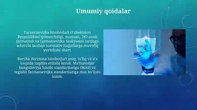 Farmatsevtika hisobotlari O'zbekiston Respublikasi qonunchiligiga muvofiq xususan 787-sonli farmoyish va farmatsevtika faoliyatini tartibga soluvchi boshqa normativ hujjatlarga 3