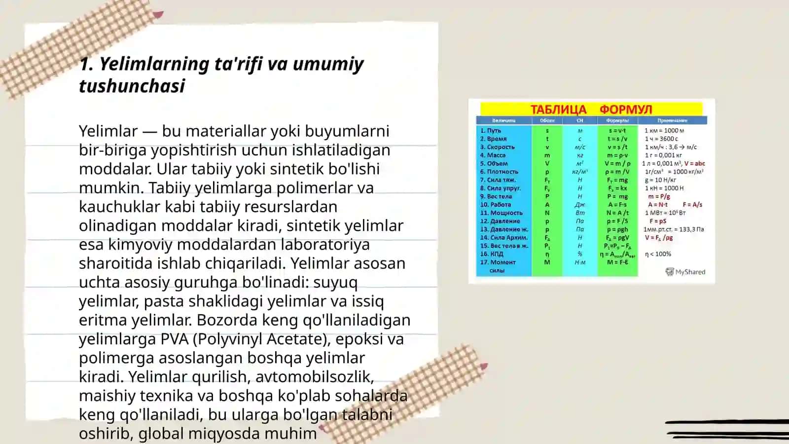 Yelim materiallar tugrisida tushuncha. Fizik va kimyoviy tasnifnomalari 3