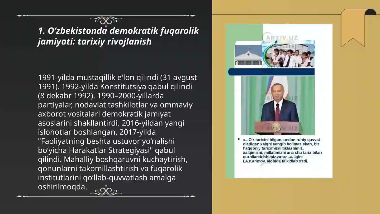 O‘zbekistonda demokratik fuqarolik jamiyati asoslarining shakllanishi. Amalga oshirilgan islohotlar 3