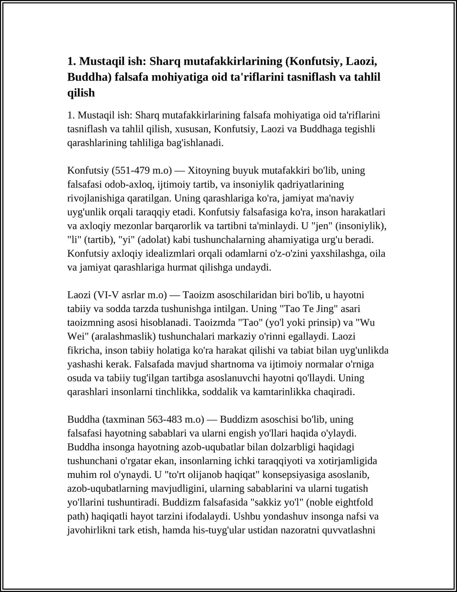 MUSTAQIL ISH: FALSAFANING MOHIYATIGA OID SHARQ VA G'ARB MUTAFAKKIRLARI TARIFLARINI TASNIFLASH VA ULAR BO'YICHA MUSTAQIL ISH 3