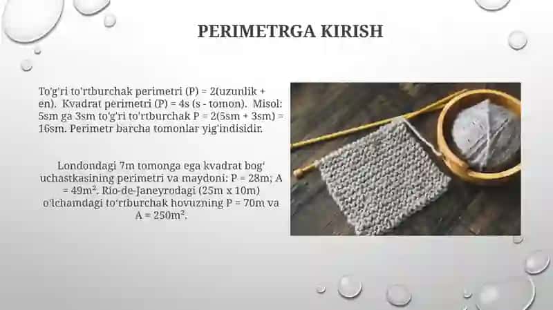 To'g'ri to'rtburcha Va kvadrat perimetrini, yuzaga doir misollar yechishga o'rgatish 3