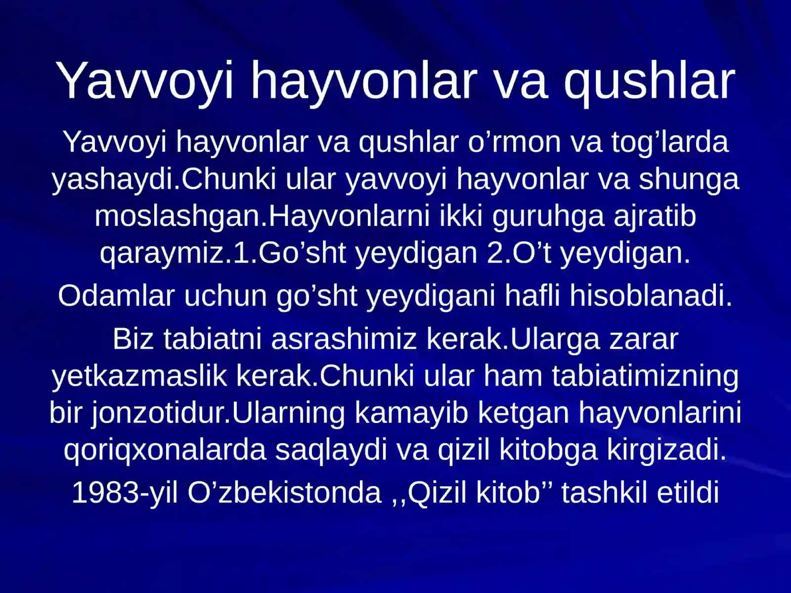 3-sinf Tabiiy Fan (Science) Yovvoyi hayvonlar va qushlar dars ishlanma 3