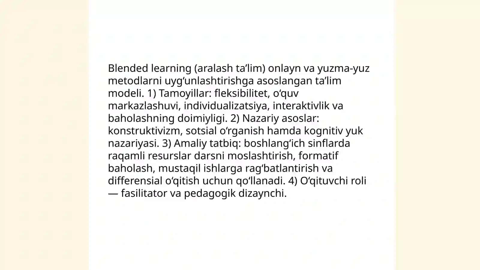 Boshlanģich sinflarda raqamli ta'lim resurslarini joriy etish. Blendedvlearning modeli 3