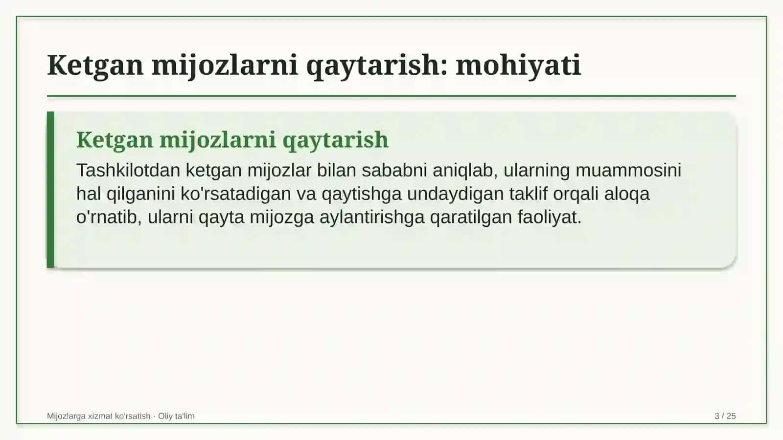 Biosfera rezervatlarida ketgan mijozlarni qaytarib jalb etish 3