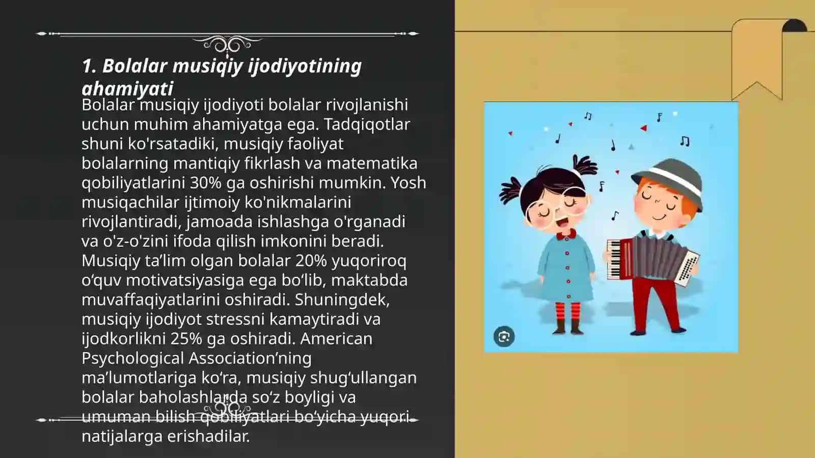 Tarbiyachi tomonidan bolalar musiqiy ijodiyotining namoyon boʻlishi uchun shart - sharoitlarni tashkil qilish 3