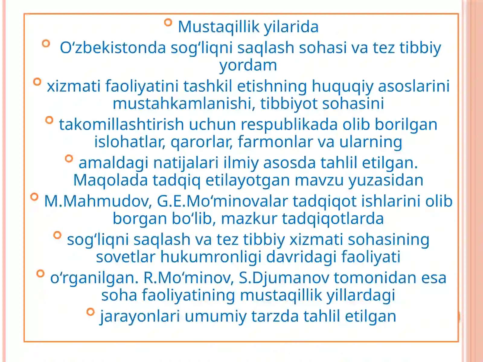 Mustaqillikning yillari damamlakatimizda sog'liqni saqlash sohasidagi islohotlar 3