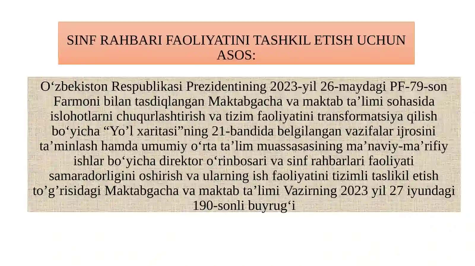 SINF RAHBARI FAOLIYATINI TASHKIL ETISH UCHUN ASOS 3