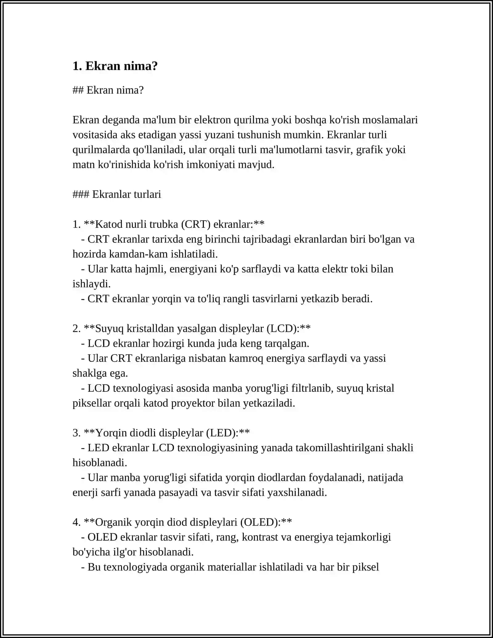 EKRAN VA UNING ASOSIY XUSUSIYATLARI VA ISHLASH PRINTSIPLARI 3