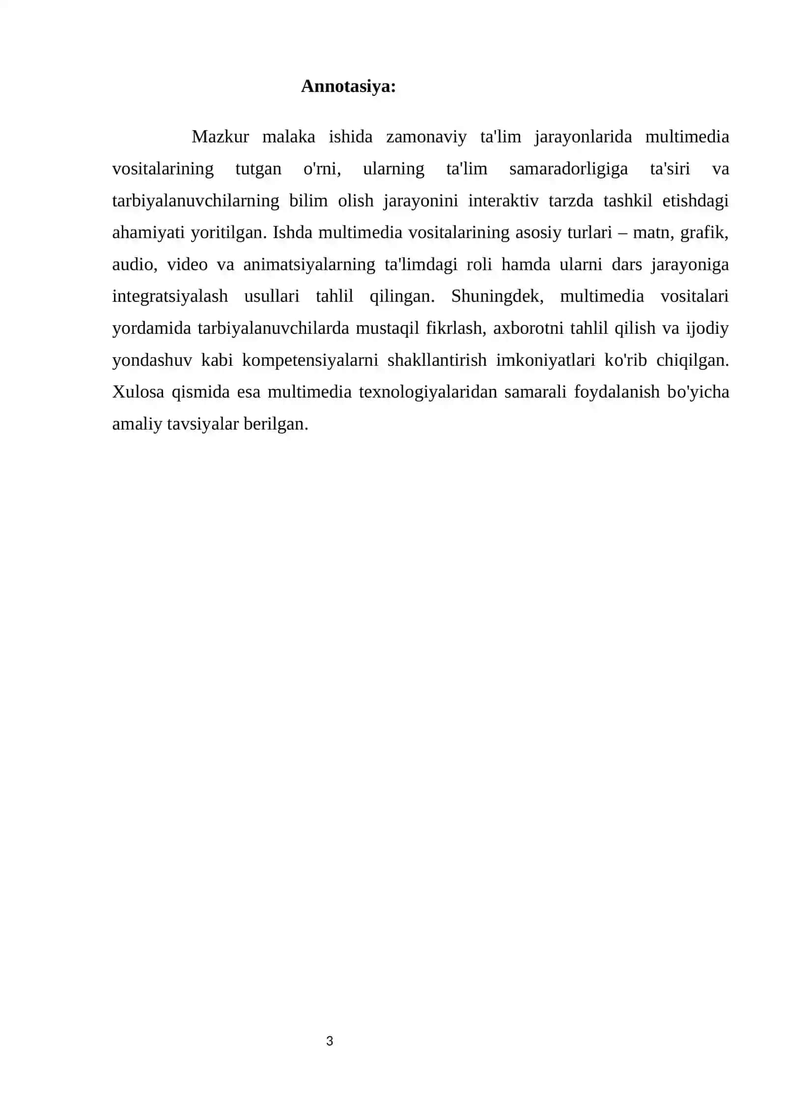 “Zamonaviy ta'lim jarayonlarini tashkil qilishda multimedia vositalarini o'rni” mavzusida bajarilgan MALAKA ISHI 3