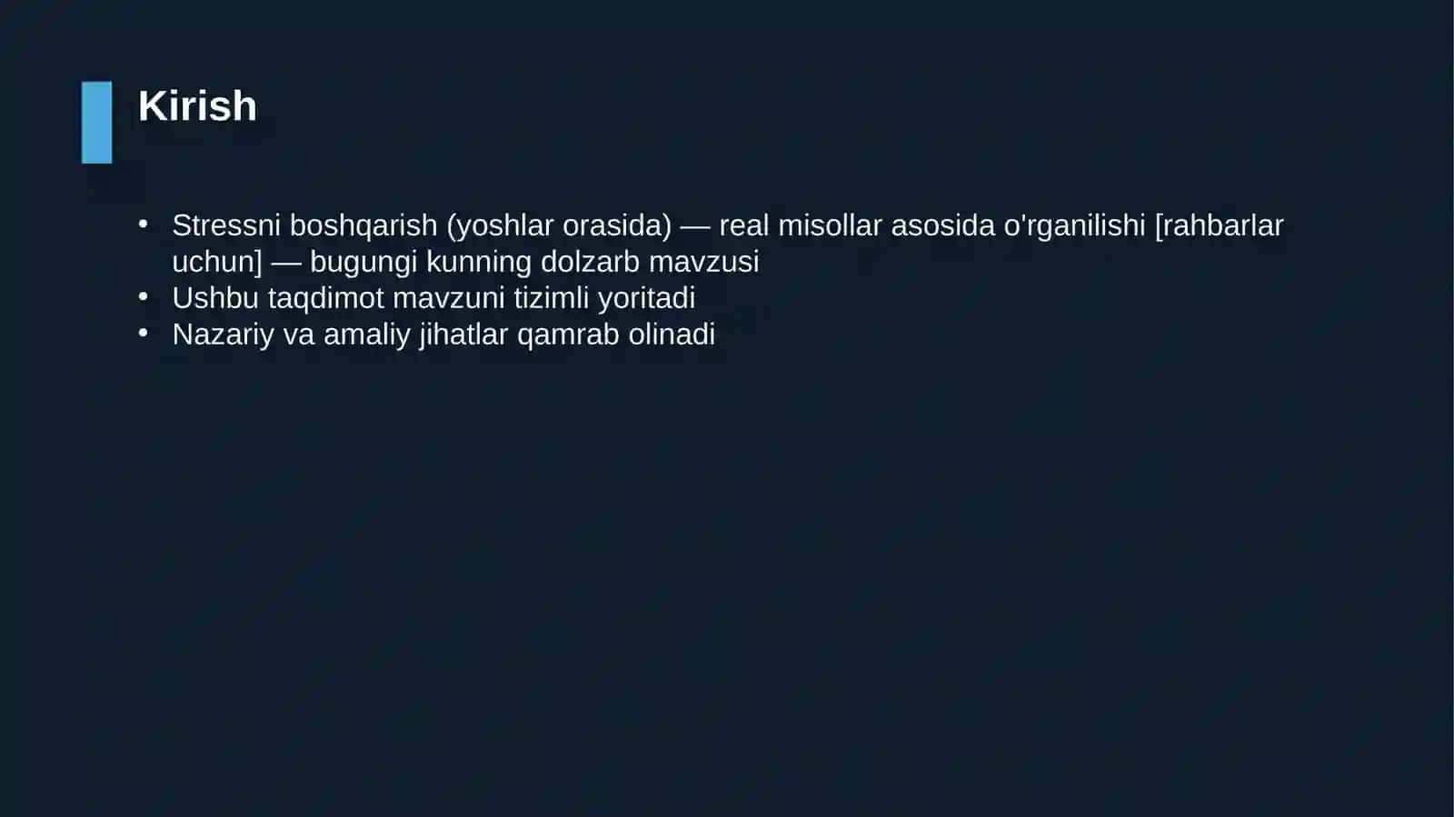 Stressni boshqarish (yoshlar orasida) — real misollar asosida o'rganilishi [rahbarlar uchun] 3