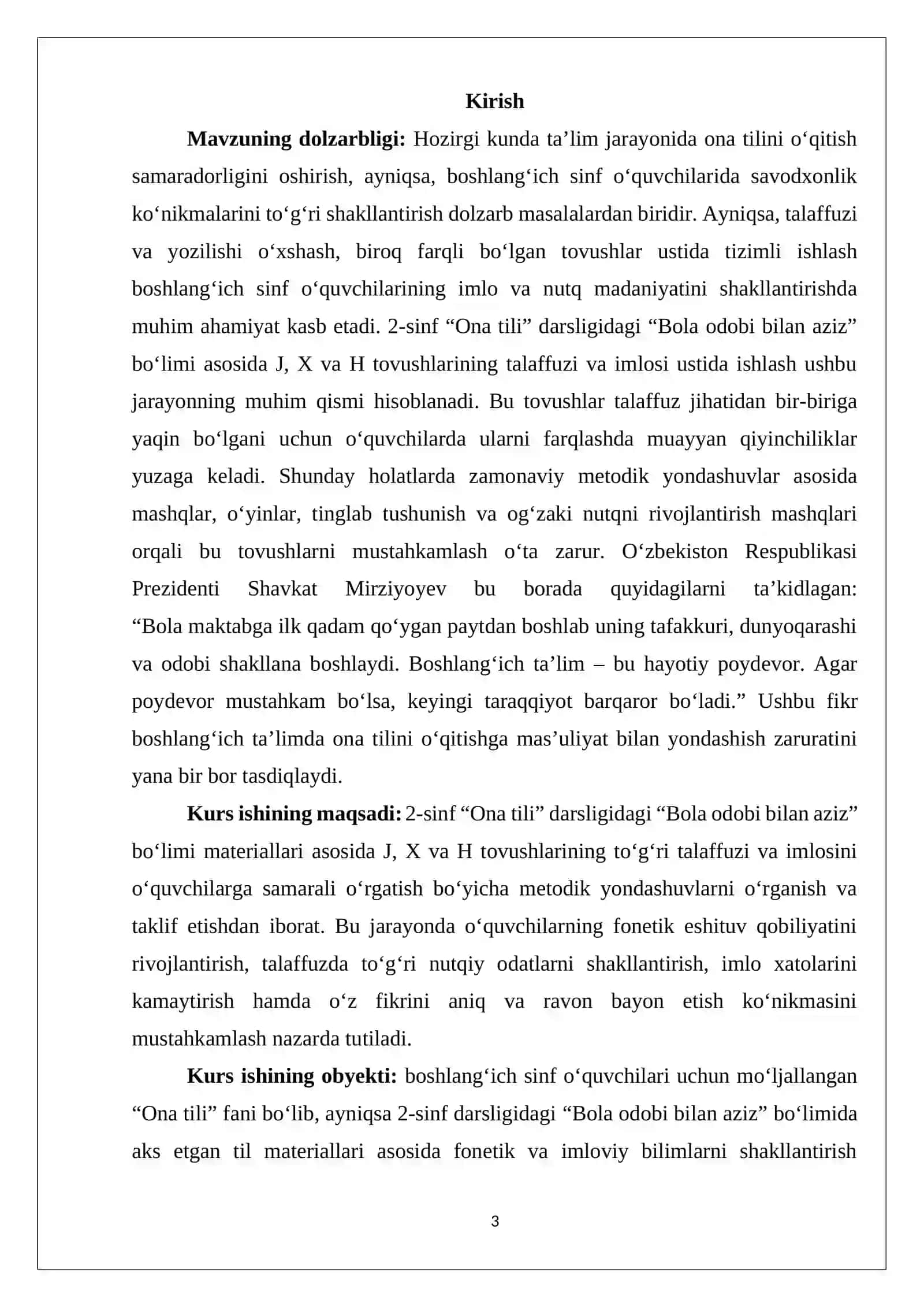 “2-SINF “ONA TILI” DARSLIGIDAGI “BOLA ODOBI BILAN AZIZ” BO‘LIMI ASOSIDA J, X VA H TOVUSHLARINING TALAFFUZI VA IMLOSI USTIDA ISHLASH METODIKASI” MAVZUSIDAGI KURS ISHI 3