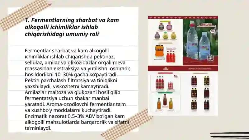Sharbatlar va Lam alkagolli ichimliklar ishlab chiqarishda fermentlarning oʻrni 3