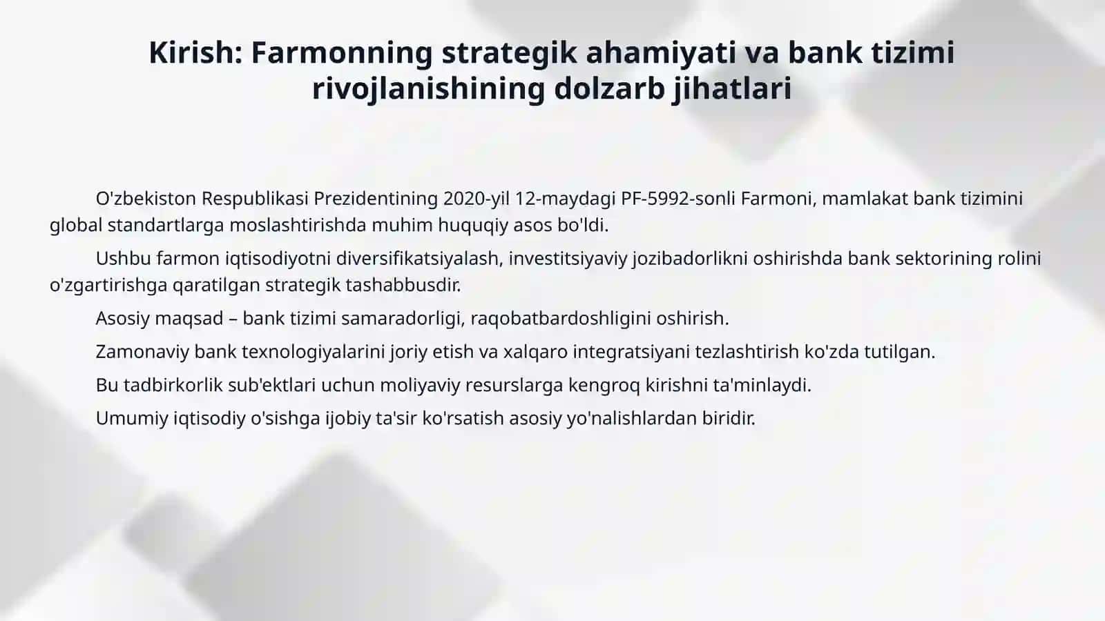 O'zbekiston Respublikasi prezidenti Mirziyoev .Sh.m.ning 2020 -2025 yillarga mo'ljallangan O'zbekiston Respublikasi bank tizimini isloh qilish strаtegiyasi toʼgʼrisidаgi 12.05.2020 yildagi pf-5992 sonli farmoni boʼyicha vazifalar 3