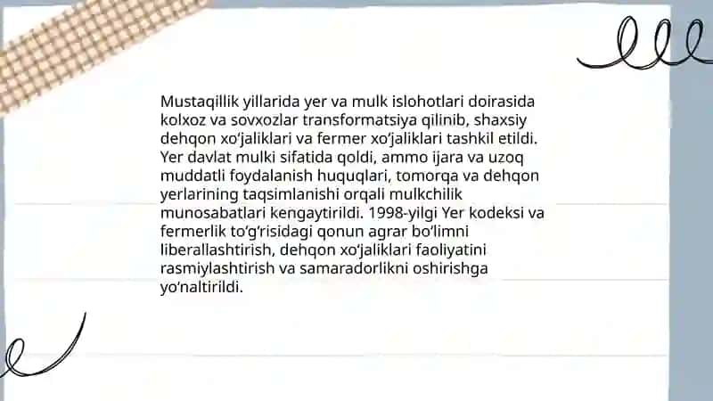 Mustaqil yillarida qishloq xo'jaligi va sanoat sohasidagi o'zgarishlar 3