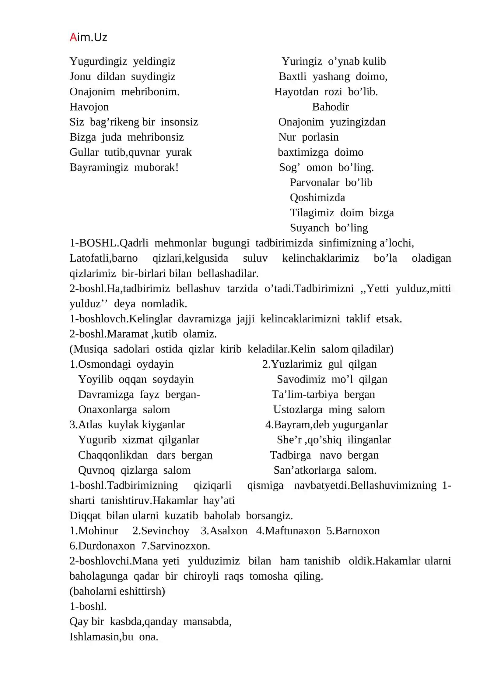 <<Yetti yulduz - mitti yulduz>> 8-mart Xotin-qizlar kuniga bag’ishlangan Tadbir I S H L A N M A S I 3