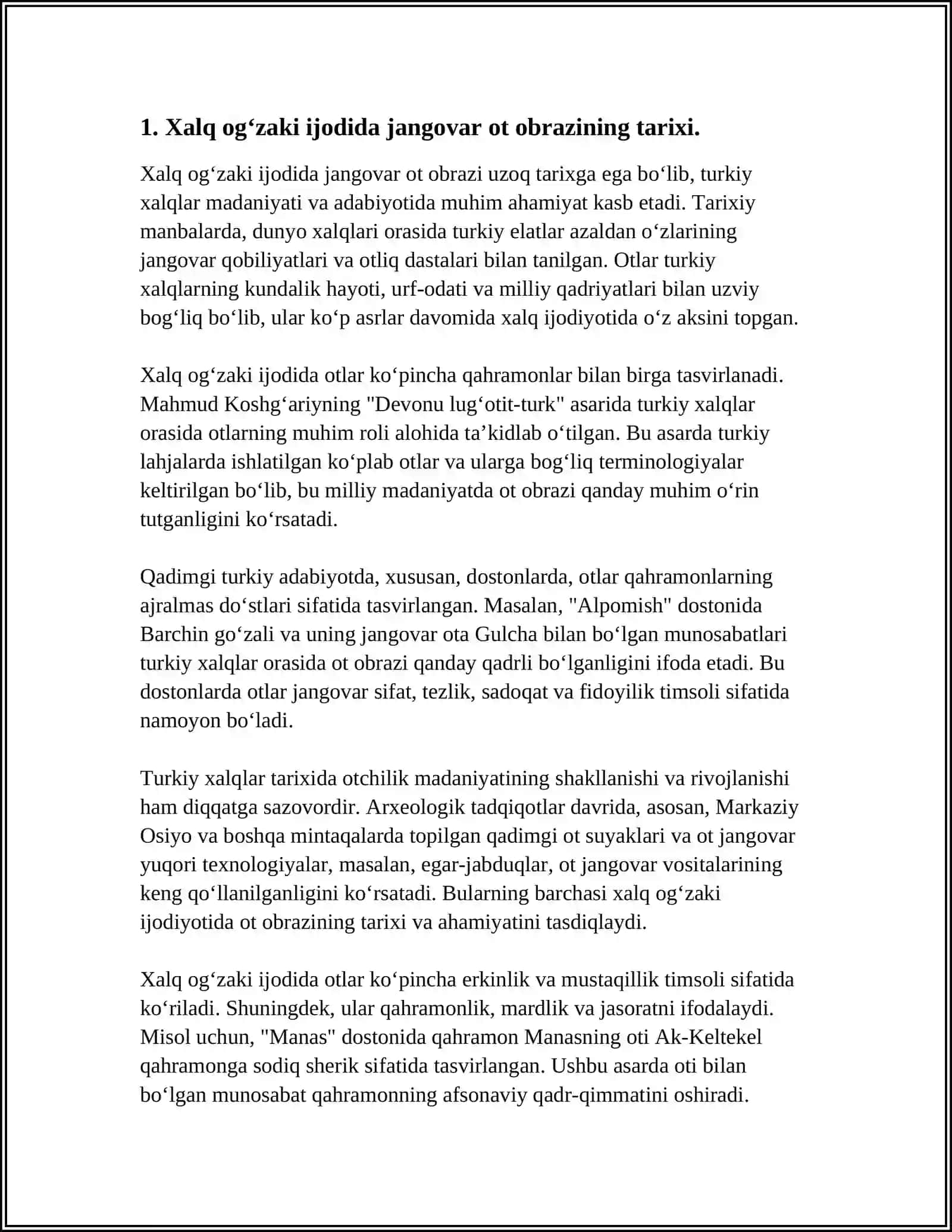 XALQ OG‘ZAKI IJODI XALQ QADRIYATLARINING TARKIBIY QISMI SIFATIDA JANGOVAR OT OBRAZINING TARIXIY ASOSLARI VA BADIIY TALQINI. ERTAKLARDA QO‘SHALOQLASHTIRISH USULI 3