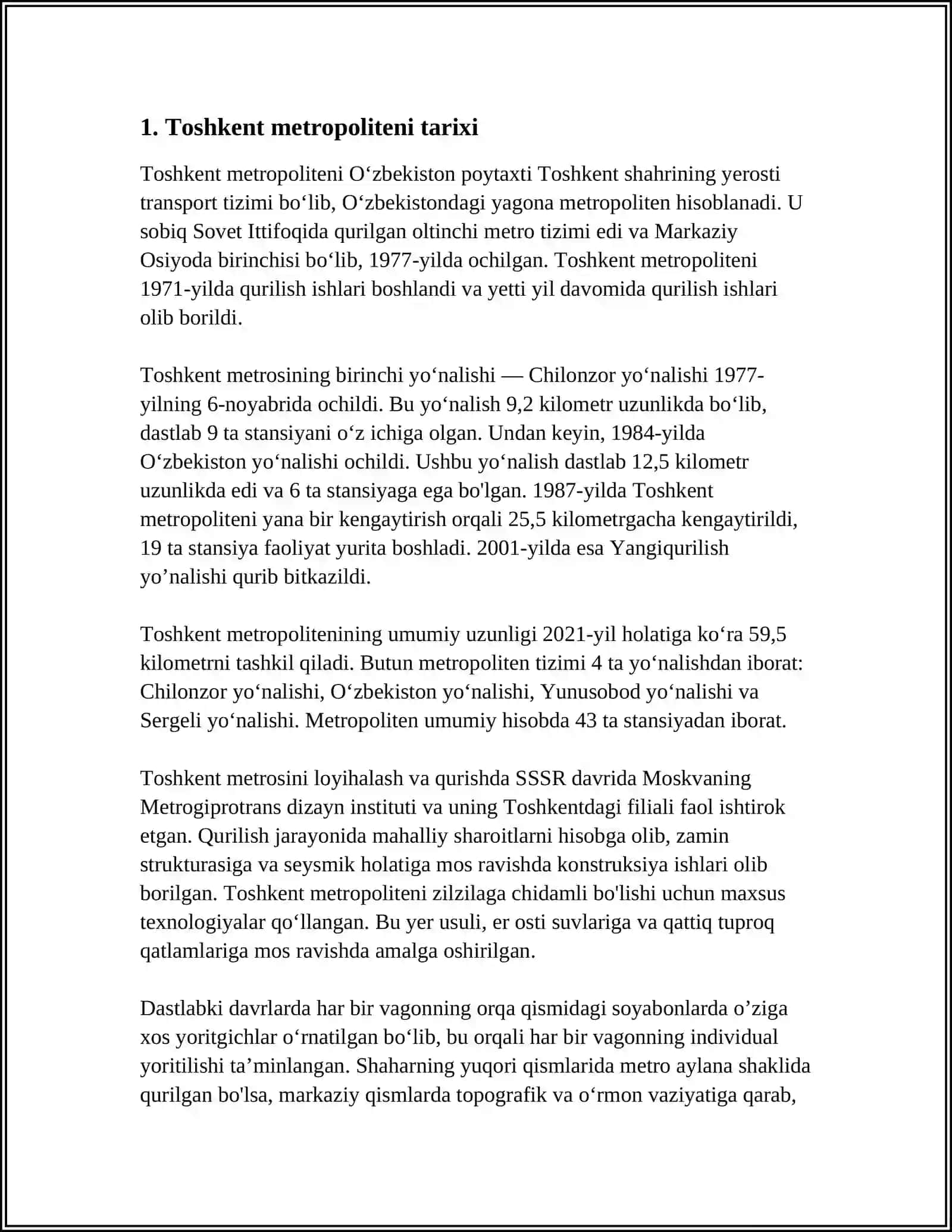 Toshkent Metropoliteni Referat 3