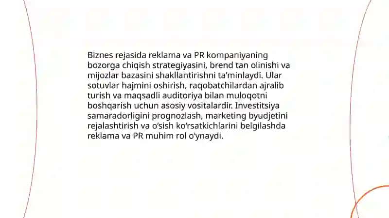 Reklama va PR faoliyatining biznes rejasidagi o'rni 3