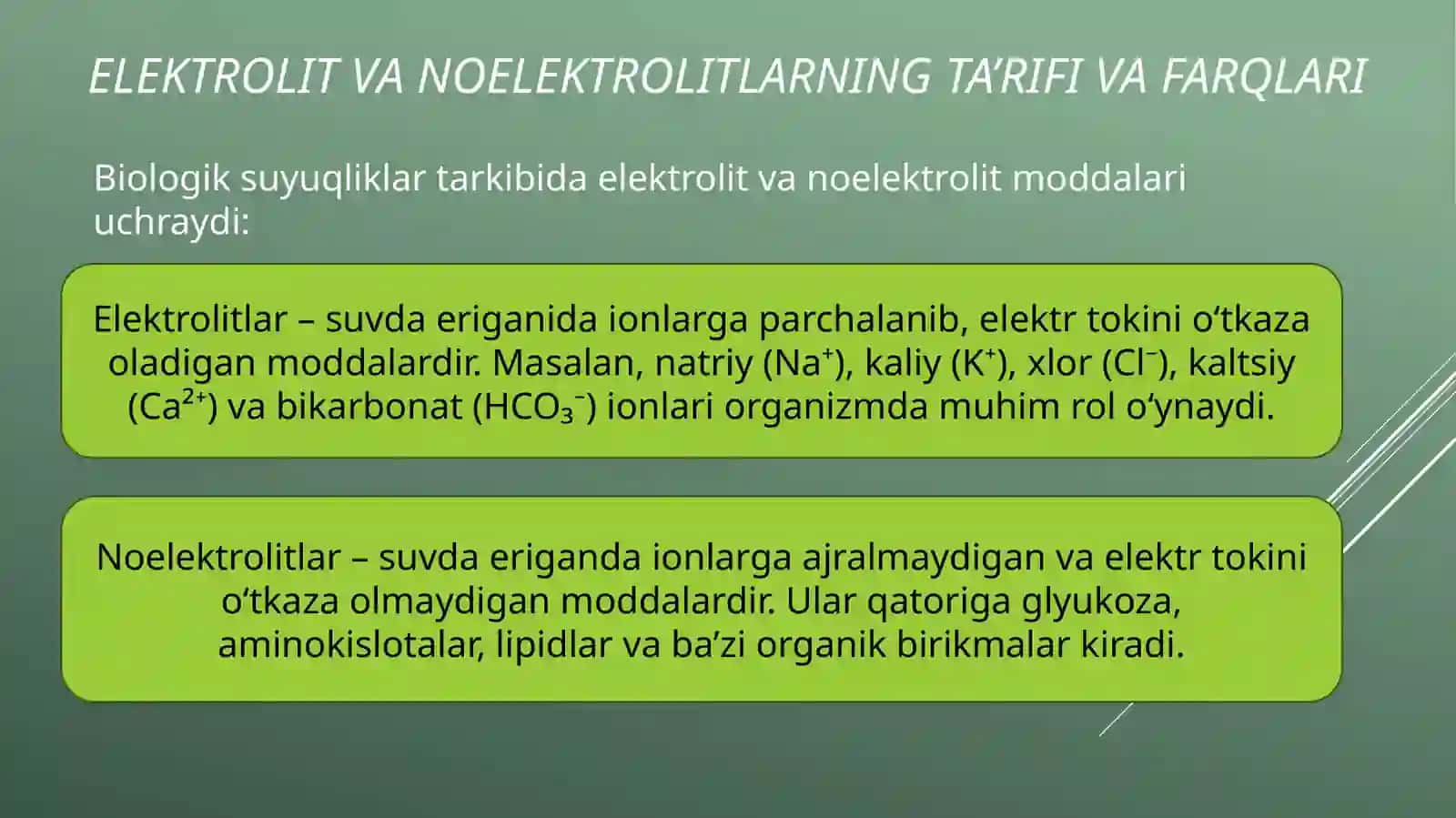 ORGANIZMNING BIOLOGIK SUYUQLIKLARI ELEKTROLIT VA NOELEKTROLITLAR ERITMALARI SIFATIDA 3
