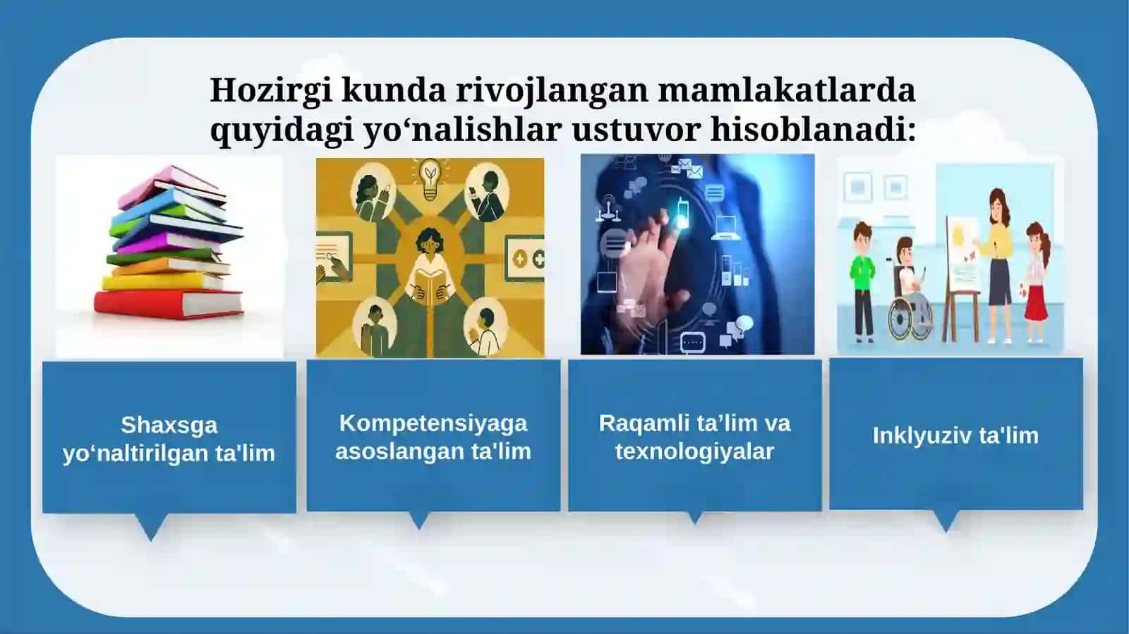 Xorijiy mamlakatlar ta'lim tendensiyalaridan zamonaviy yondashuvlar asosidan foydalanish 3