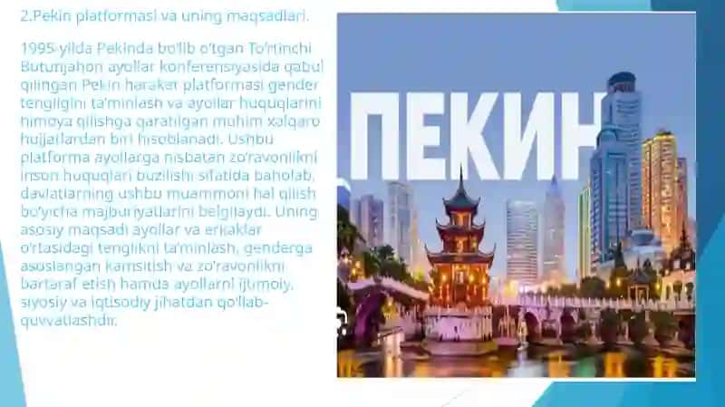 Pekin platformasida ayollarga nisbatan zo’ravonlikka qarshi kurash borasida qanday normalar bor? 3