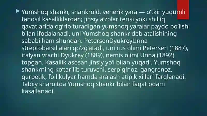 Yumshoq Shankar.Venerik Limfogranulema.Donovanoz.Zahmnining Yomon Sifatli Kechishi Haqida Tushuncha 3