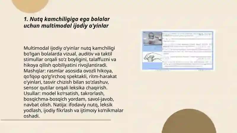 Nutq kamchiligiga ega bolalar uchun multimodal ijodiy o‘yinlar 3
