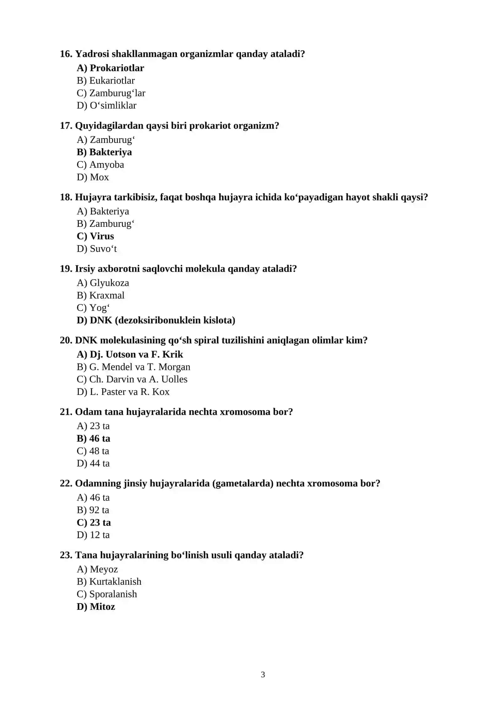 BIOLOGIYA FANIDAN 100 TA TEST SAVOLLARI JAVOBLARI BILAN 3