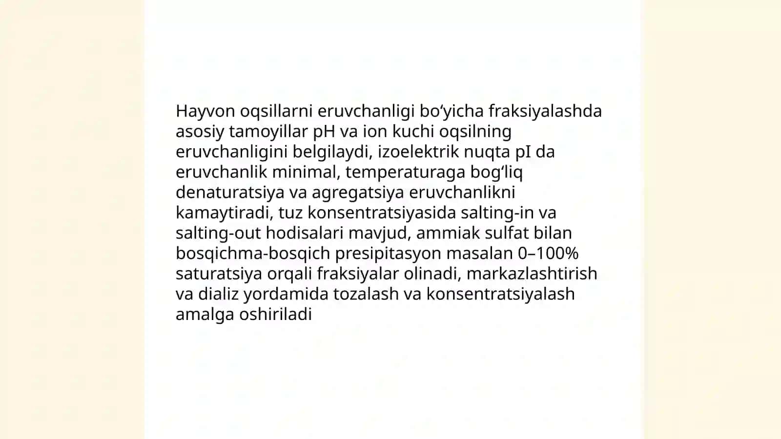 Hayvon oqsillarni eruvchanligi bilan fraksiyaga ajratish 3