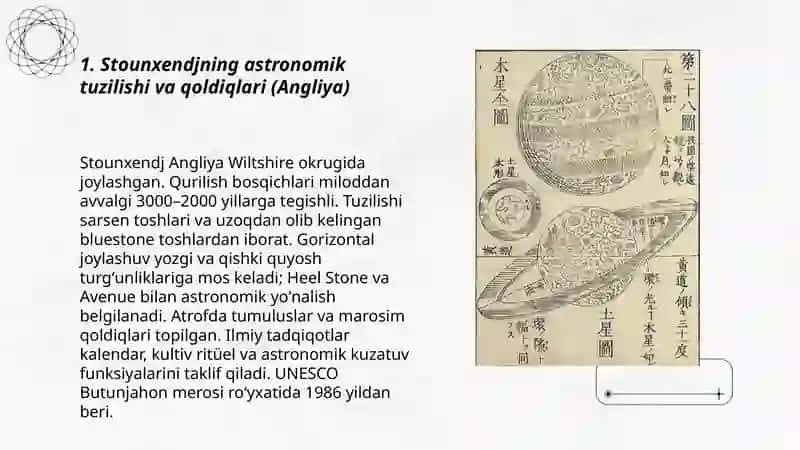Stounxendj astronomik qurilmalarining qoldiqlari (Angliya) Qóy qirilgan qala (Xorazm) astronomik rasadxonasi 4 asr qadimgi Xitoy, Misr, Gretsiyada astronomiya 3