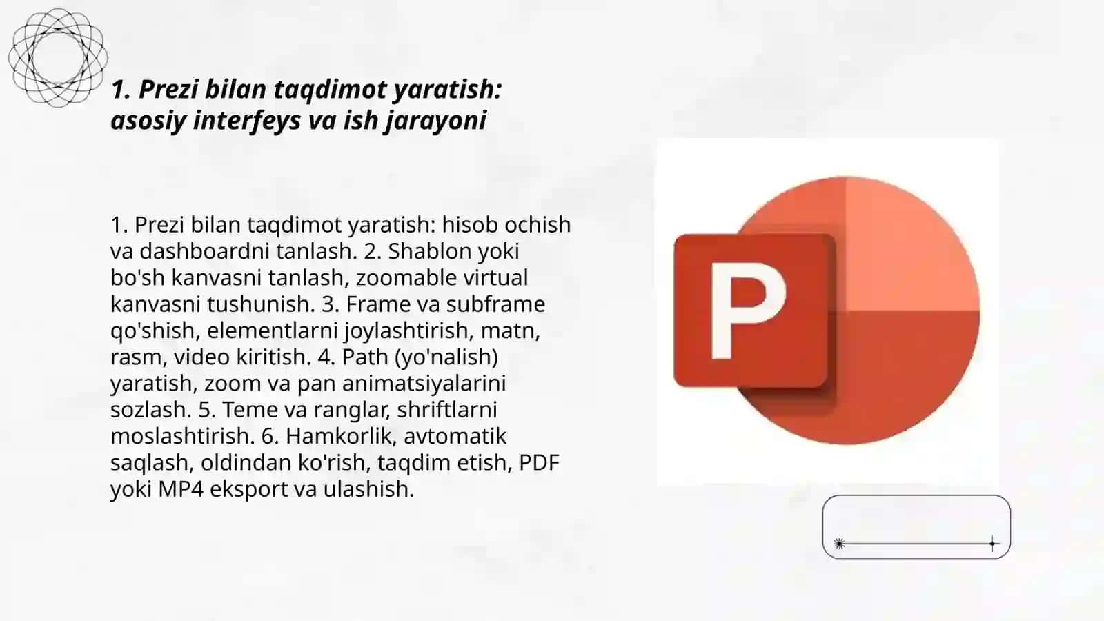 Prezi, Microsoft PowerPoint, Apple Keynote, Google Slides, Libre Office Impress dasturlarida TAQDIMOT 3