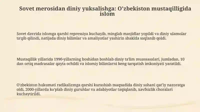 Oʻzbekiston mustaqilligi yillarida islom diniga munosabatining tubdan oʻzgarishi 3