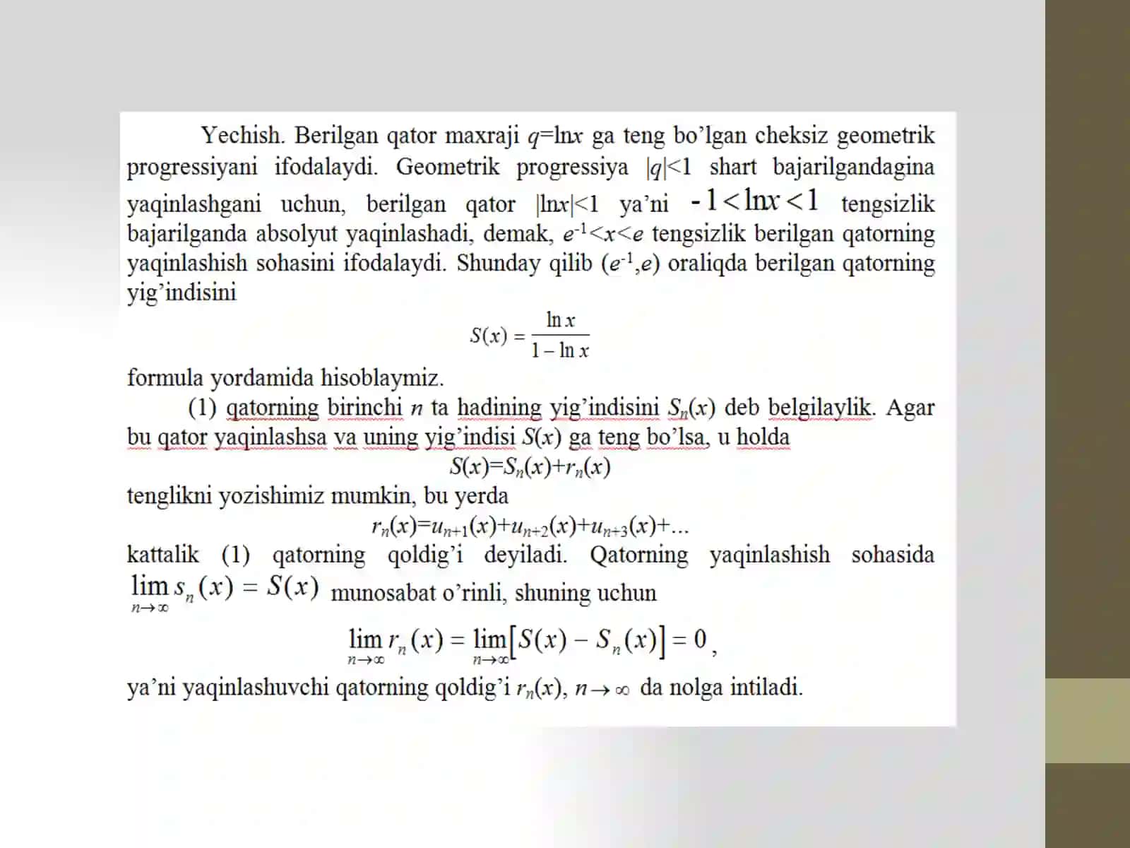 FUNKSIONALQATORLARNI DIFFERENSIALLASHVA INTEGRALLASH. TEYLOR VA MAKLOREN QATORLARI 3