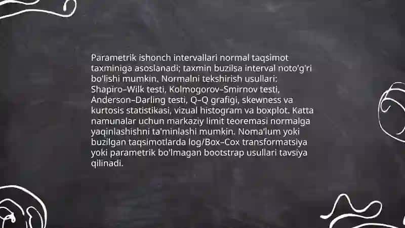 Statistik tadqiqotlar natijalarining ishonchlilik darajasini hisoblashning parametrik usullar boʻyicha muammolarni hal qilish 3