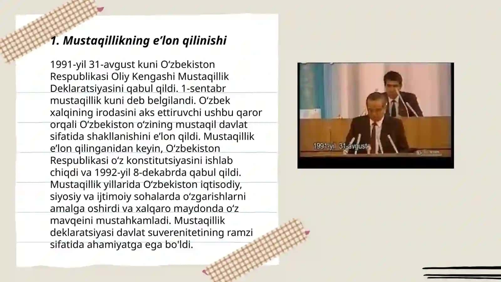 Mustaqil Oʻzbekiston Respublikasining tashkil topishining tarixiy ahamiyati 3