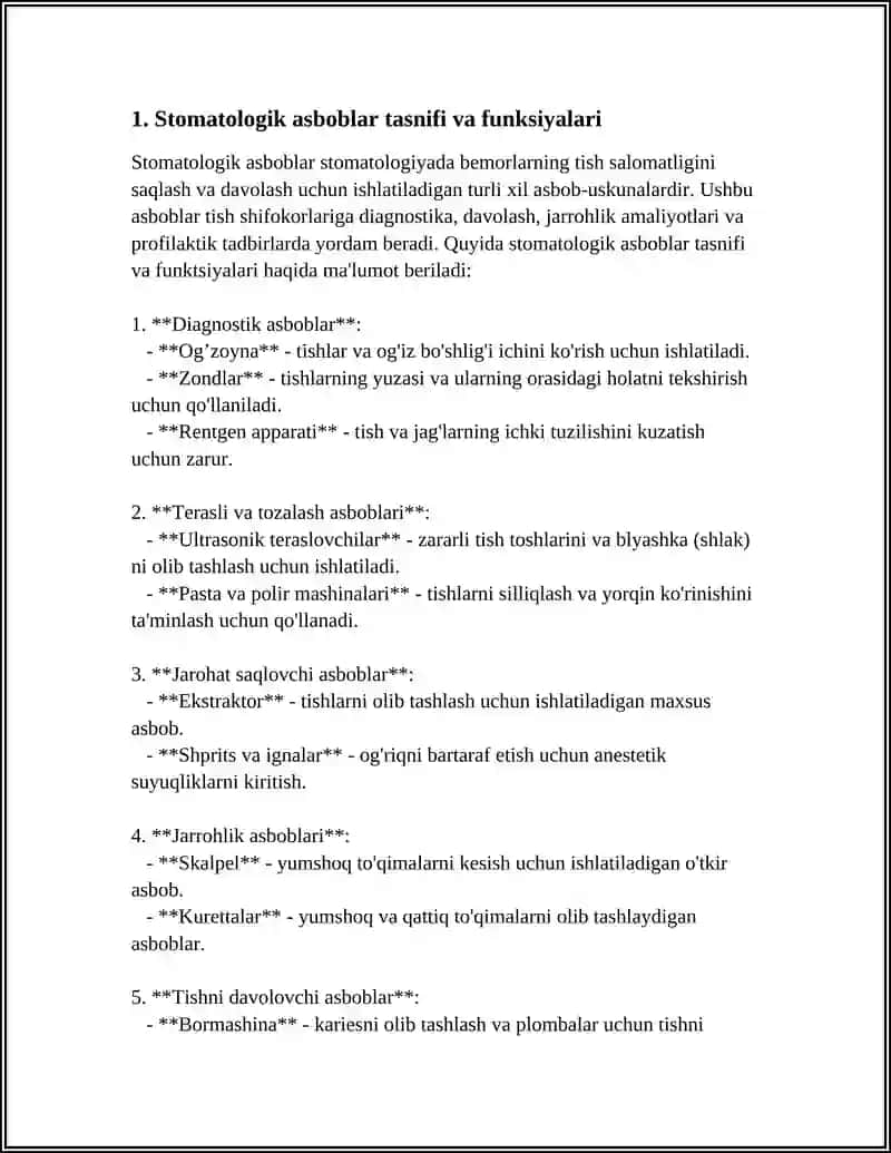 MUTAXASSISLIKKA KIRISH. STOMATOLOGIYA AMALIYOTIDA QO'LLANILADIGAN ASHYO VA ASBOBLAR. ULARGA QO'YILADIGAN TALABLAR 3