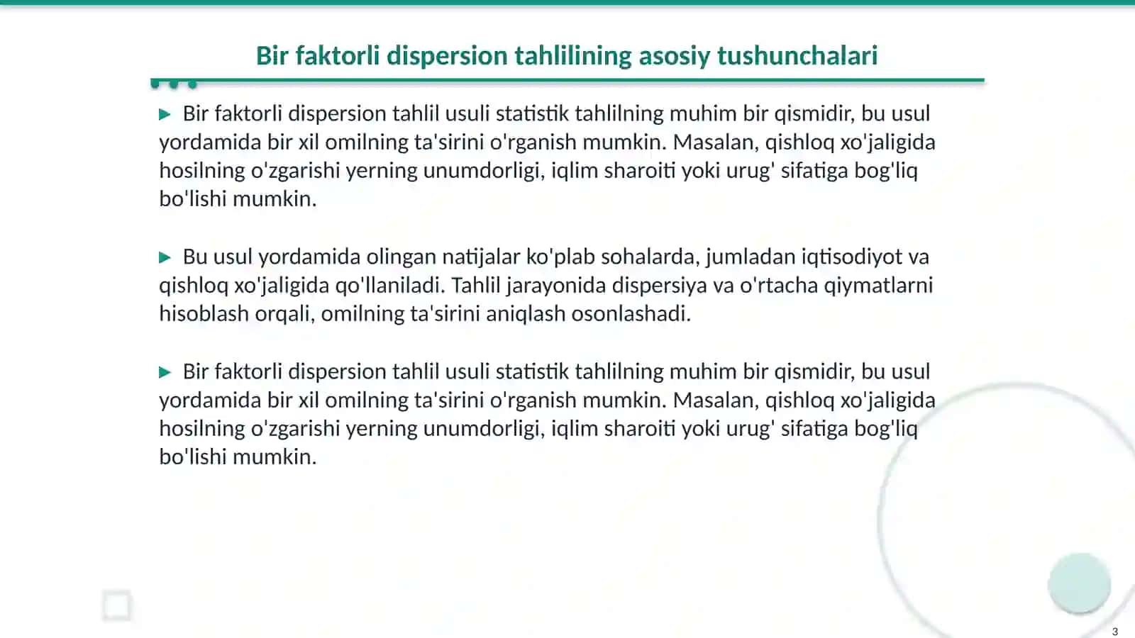 Bir faktorli dispersion tahlil usuli va uni qishloq xoʻjaligi masalalarini yechishga qoʻllanilishi 3
