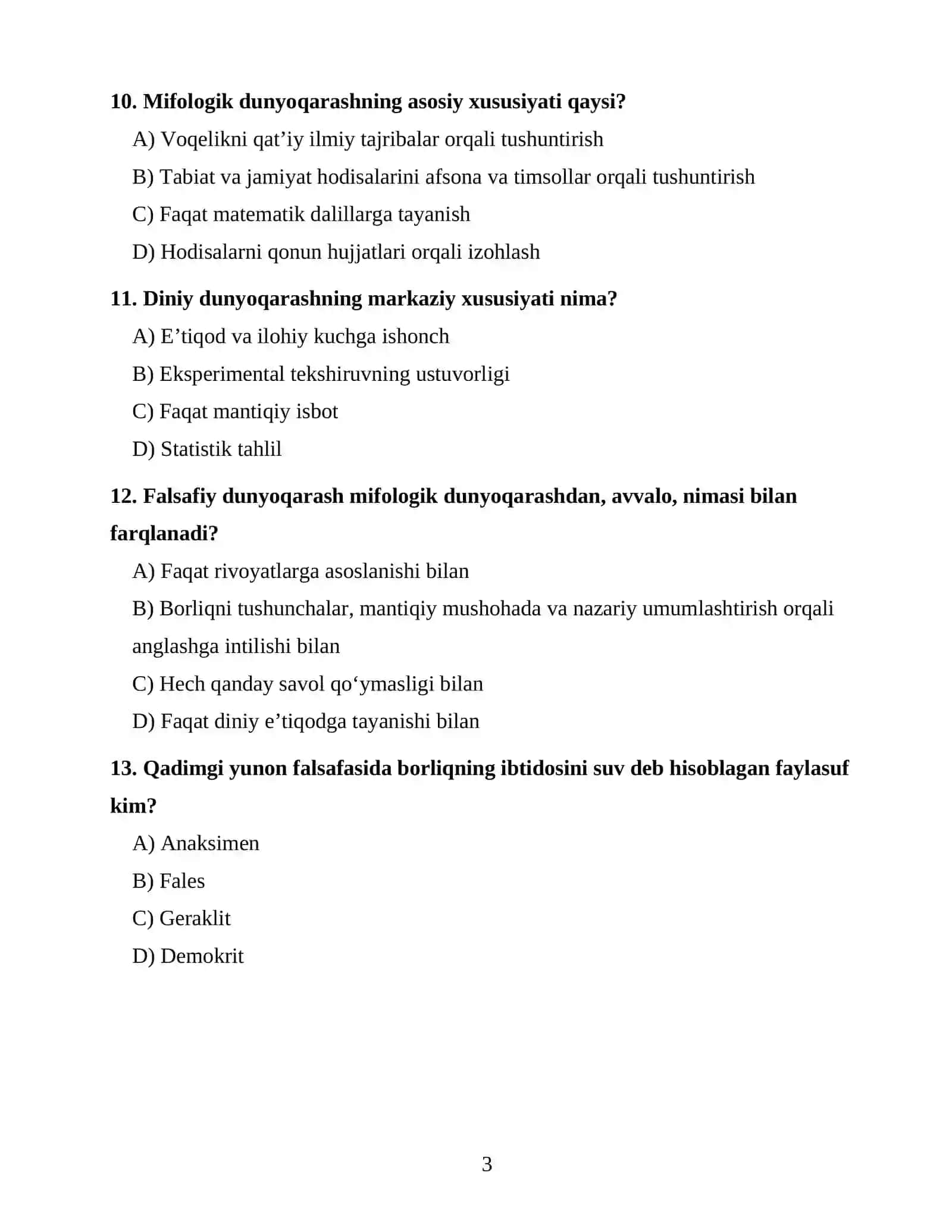 FALSAFA FANIDAN 100 TA TEST SAVOLI 3