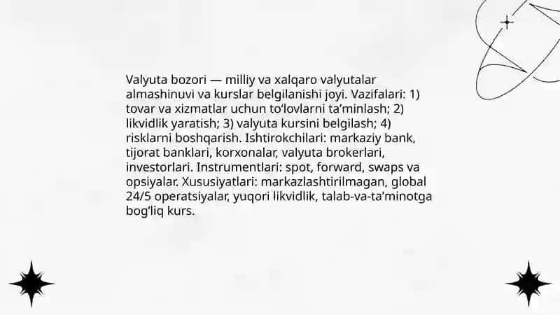 Valyuta bozori tushunchasi uning institutsional tarkibi va oʻziga mos xususiyatlari 3