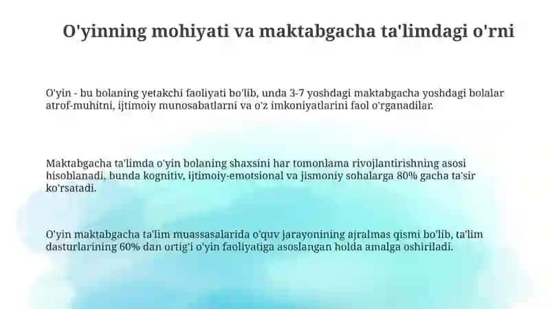 O'yinning maktabgacha talim tashkiloti pedagogik jarayonidagi o'rni va ahamiyati 3
