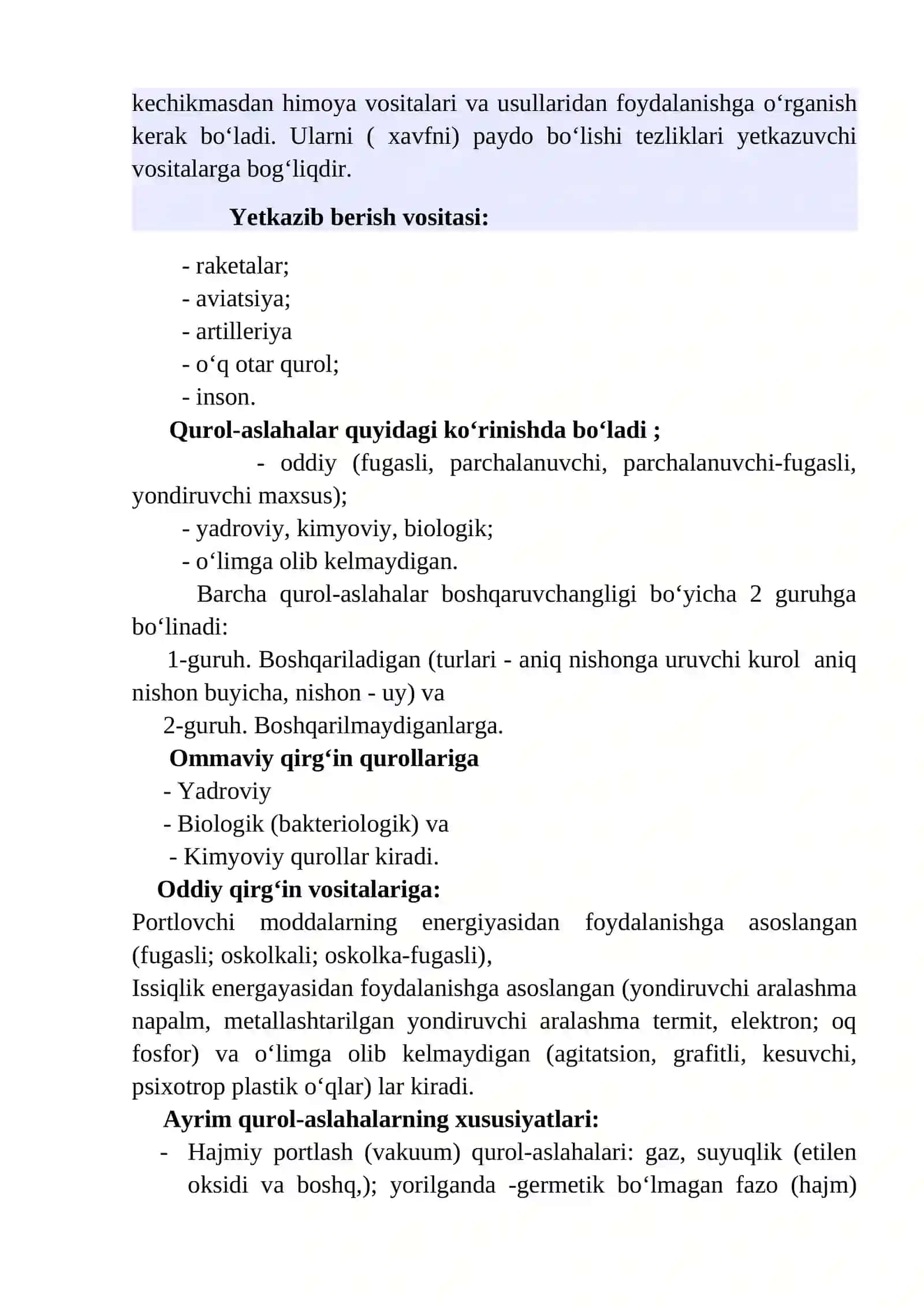 Zamonaviy qirg‘in vositalari Texnogen tabiiy va ekologik hususiyatli FV va ulardan muhofazalanish 3
