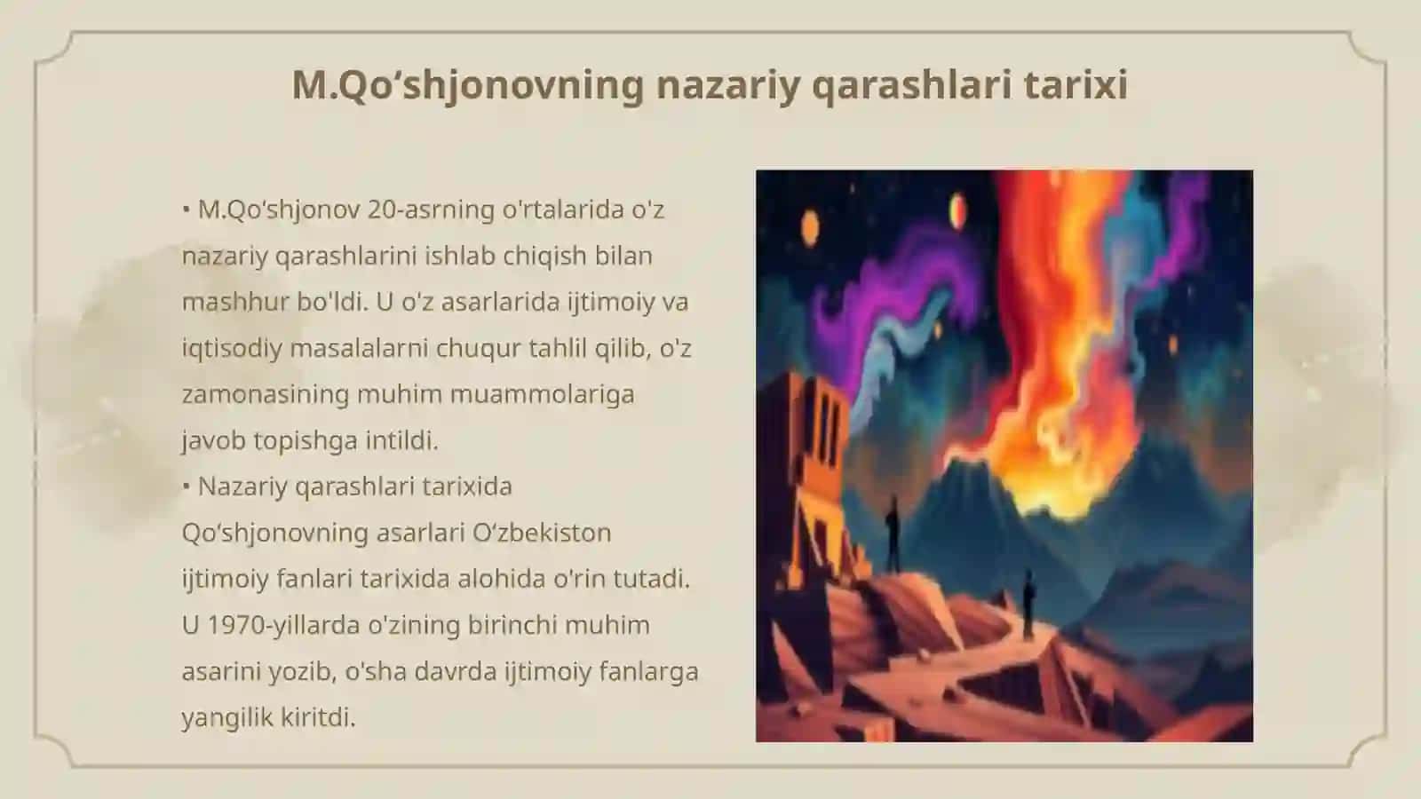 M.Qoʻshjonovning nazariy qarashlarini oʻqib oʻrganish 3