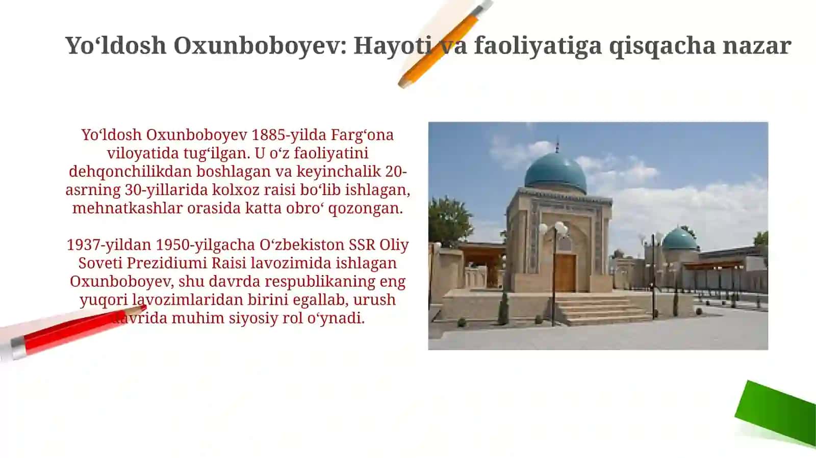 Yoʻldosh Oxunboboyevning urushga qoʻshgan hissasi 3
