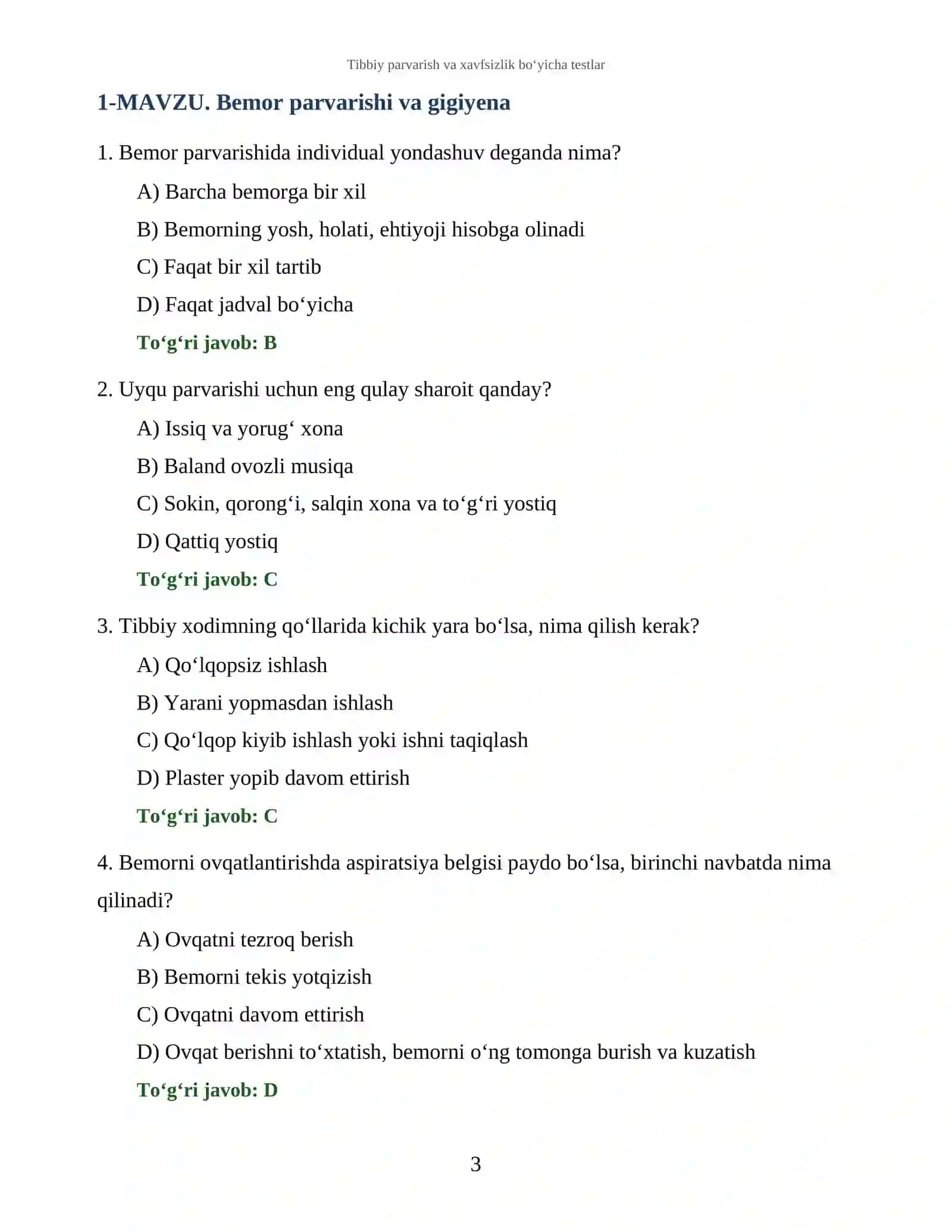 Tibbiy parvarish va xavfsizlik bo‘yicha testlar 3