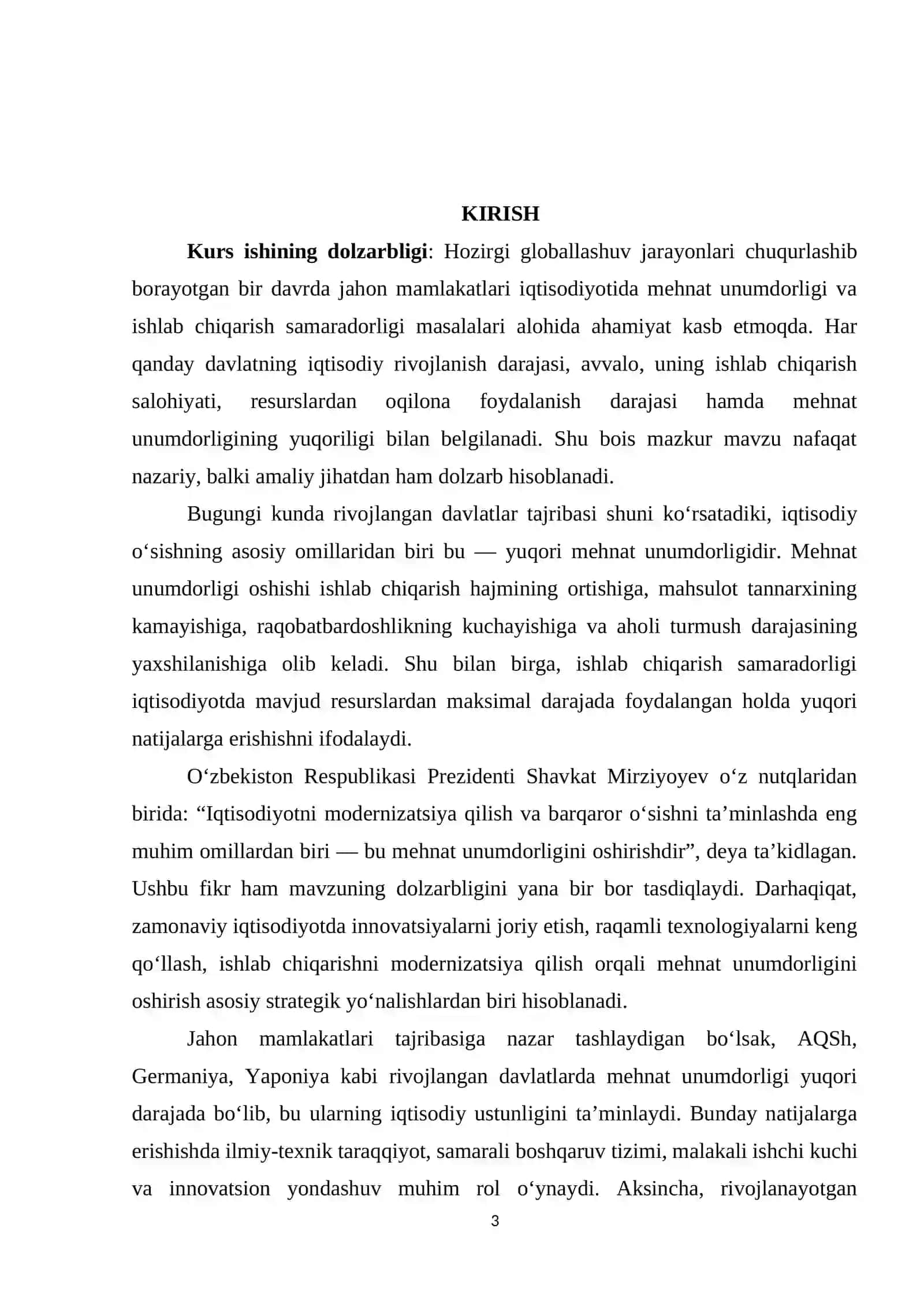 "JAHON MAMLAKATLAR IQTISODIYOTIDA MEHNAT UNUMDORLIGI VA ISHLAB CHIQARISH SAMARADORLIGI" 3