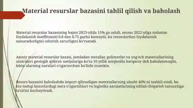 Material resurslar bilan taʼminlanganlik va ulardan foydalanish samaradorligini tahlili 3