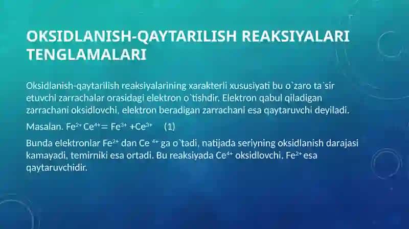 Oksidlanish-qaytarilish muvozanati Oksidlanish-Qaytarilish reaksiyalari 3