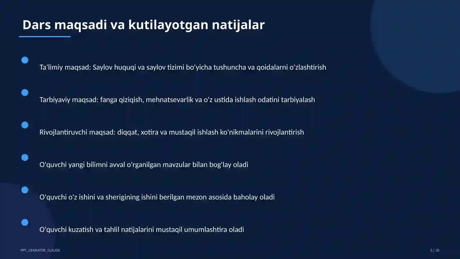 Huquq va iqtisodiyot asoslari (9–11) — ochiq dars uchun 3