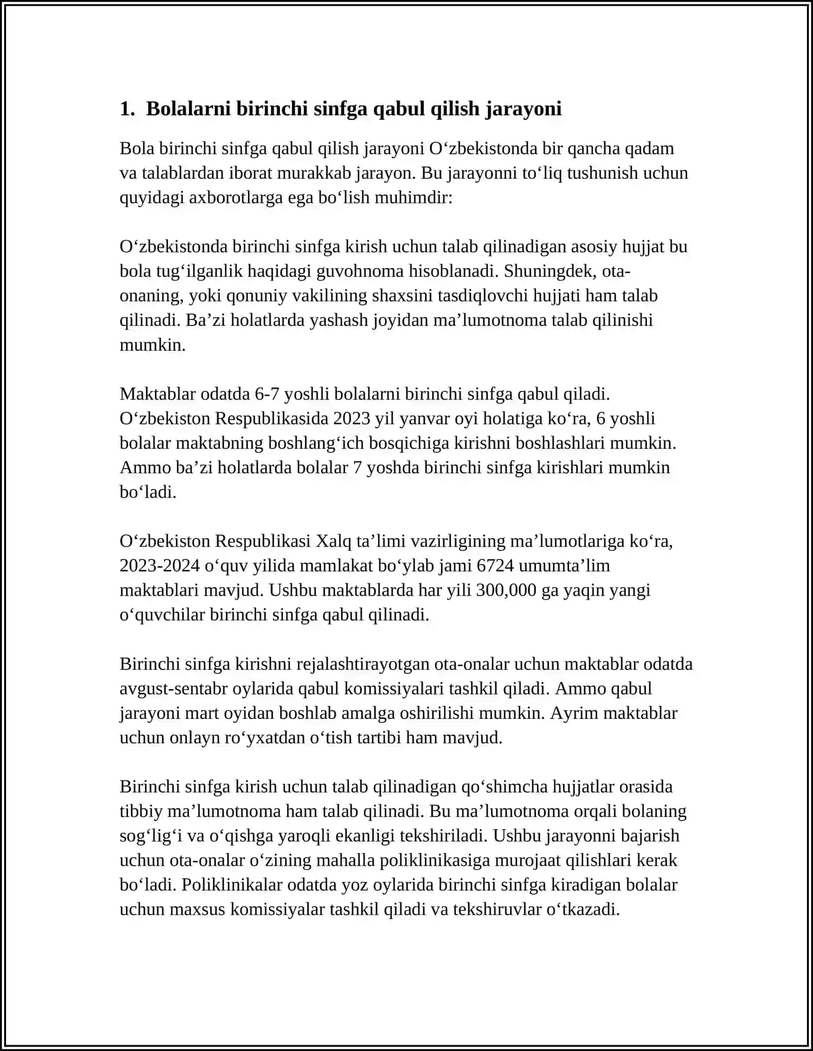 BOLALARNI BIRINCHI SINFGA QABUL QILISH VA ULARNING MOSLASHUVI MAVZUSIDA REFERAT TAYYORLASH 3